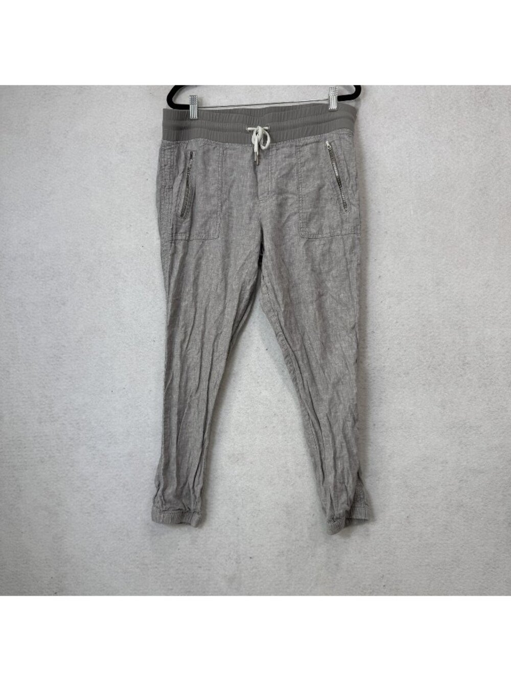 Athleta Linen Jogger Pants Womens 12 Gray Elastic Waistband Zipper Pockets